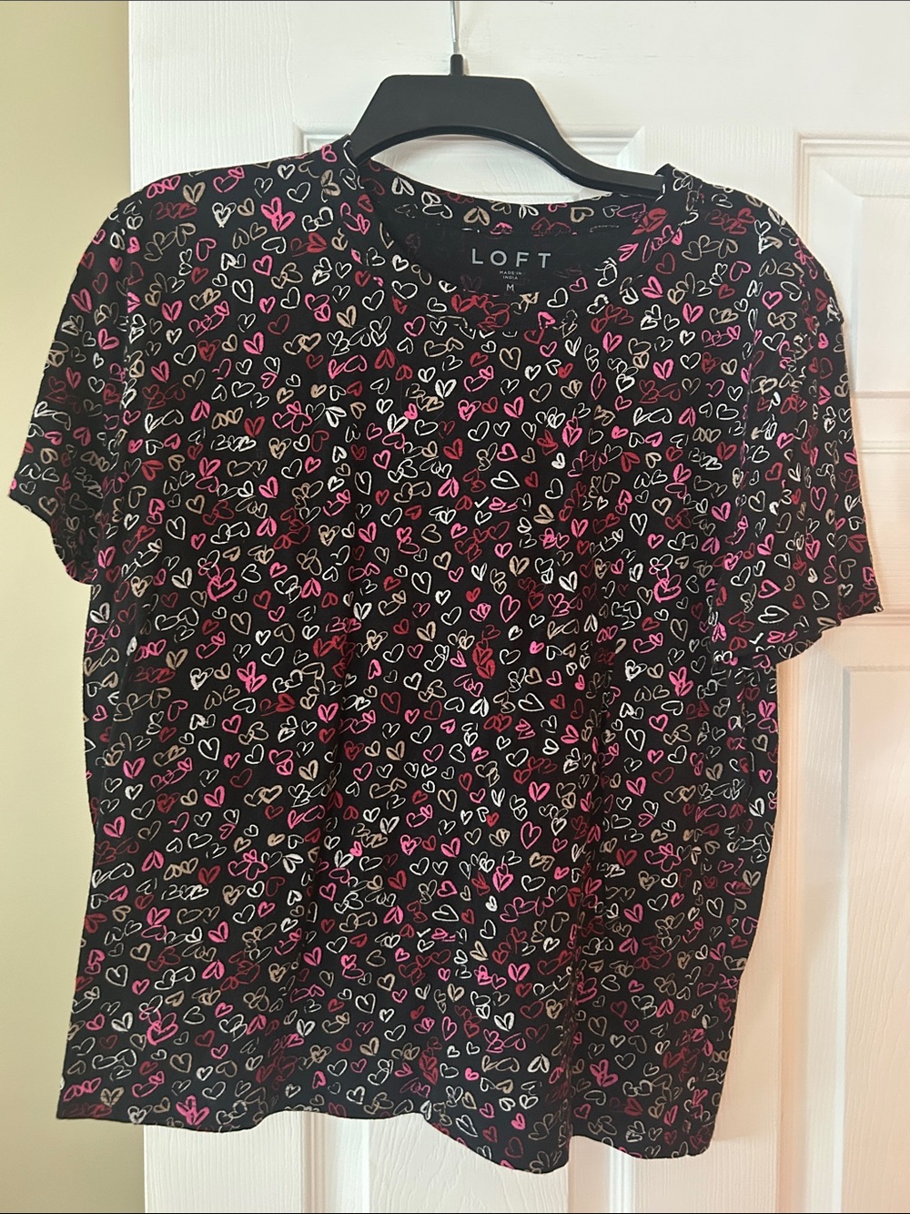 LOFT Black Tee with Pink & White Heart Pattern